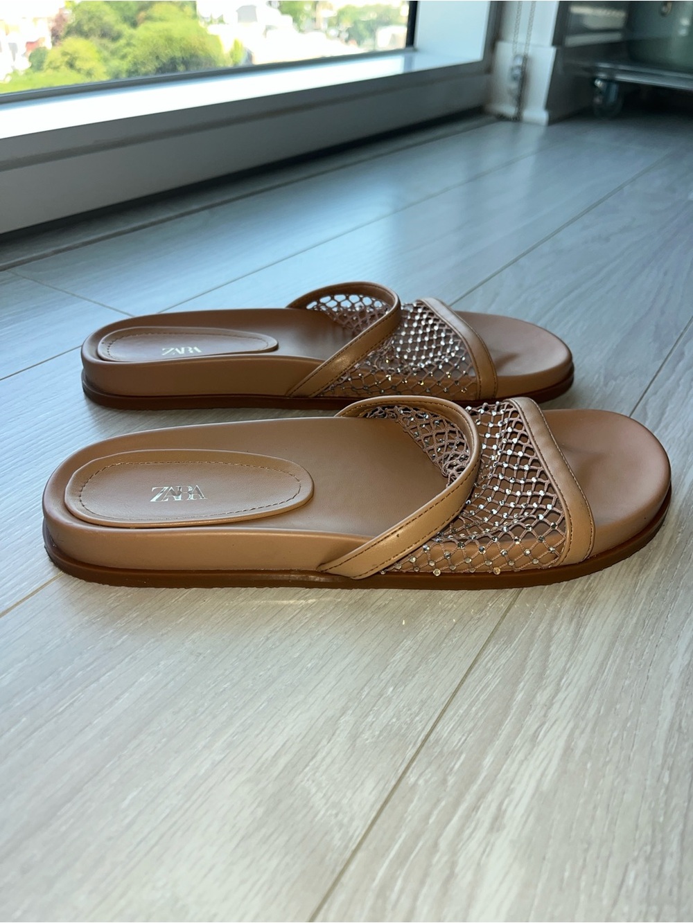 Zara Rhinestone Mesh Flat Slide Sandals Light Beige Size 39 - Picture 4 of 7
